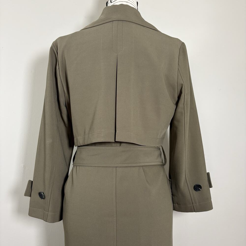 Avec Les Filles Stretch Crepe Double Breasted Belted Trench Coat Olive Green M - Picture 10 of 15